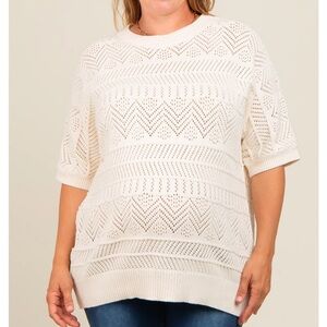 PinkBlush Maternity Plus Ivory Crochet Knit Short Sleeve Sweater 2x